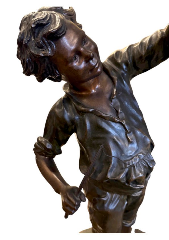 Sculpture By Auguste Maillard, Young Man Punishing His Cat, Bronze, 20th Century -photo-2