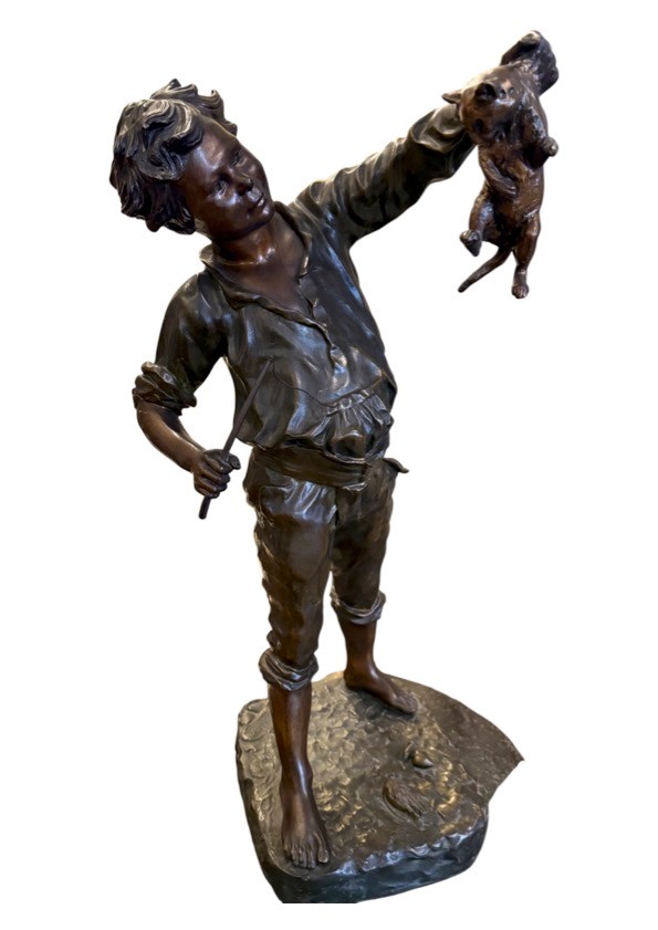 Sculpture By Auguste Maillard, Young Man Punishing His Cat, Bronze, 20th Century 