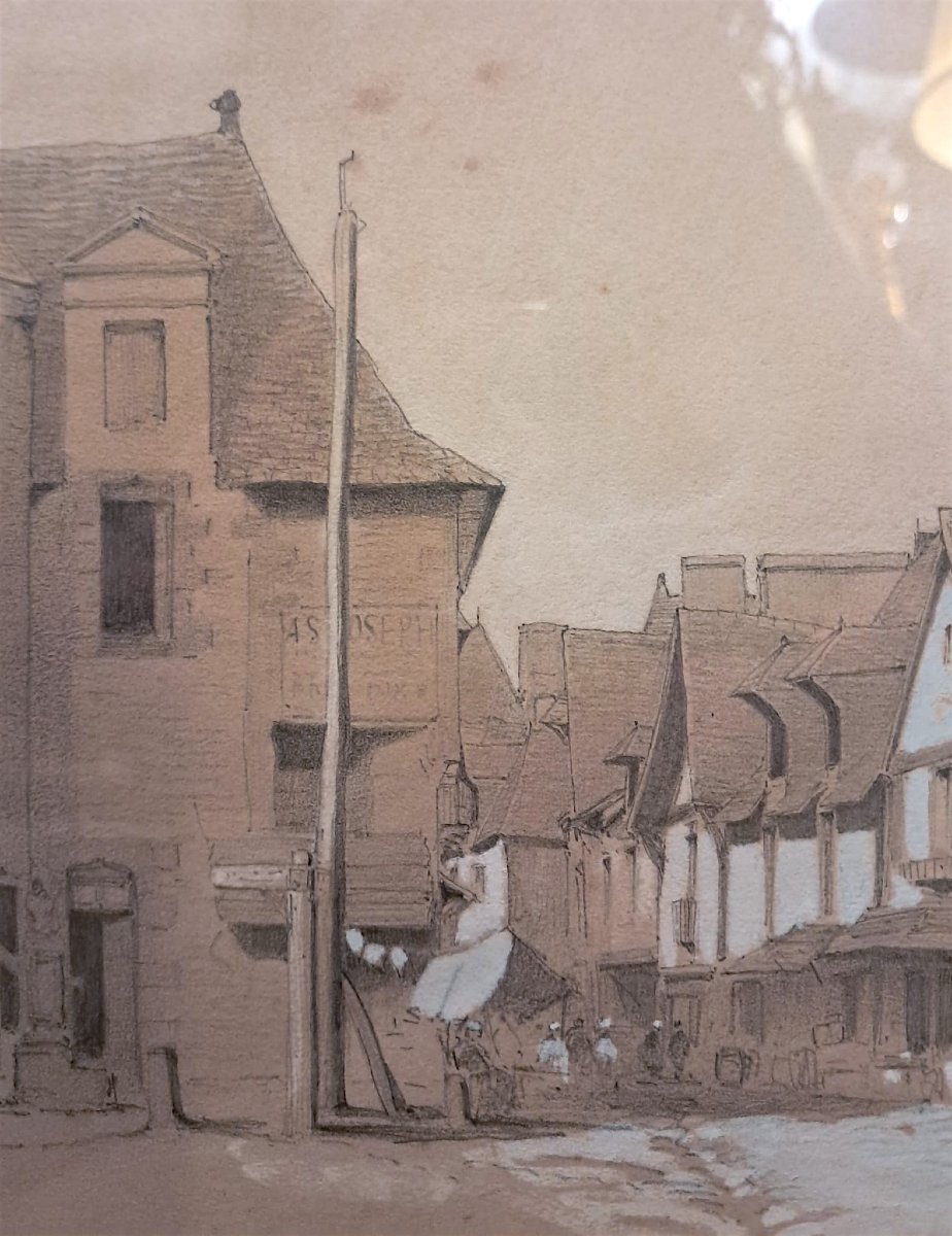 Jean-Pierre-Théodore Lebeuffe, vue de Dol, dessin au fusain rehaussé à la craie, XIXe-photo-1