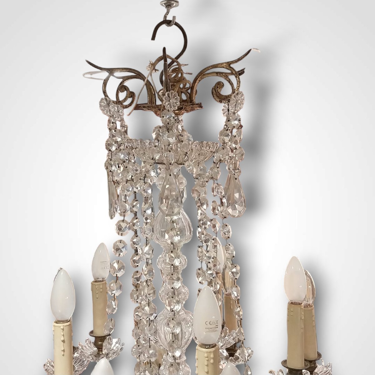 Portieux Crystal Factory, Gilt Bronze Chandelier With Pendants, 20th Century.-photo-4