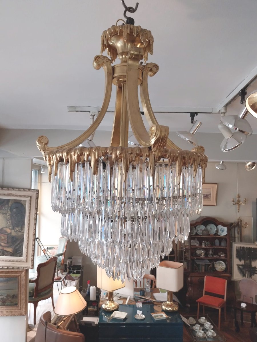 Lustre en bronze doré et pampilles de cristal, XIXe.-photo-1