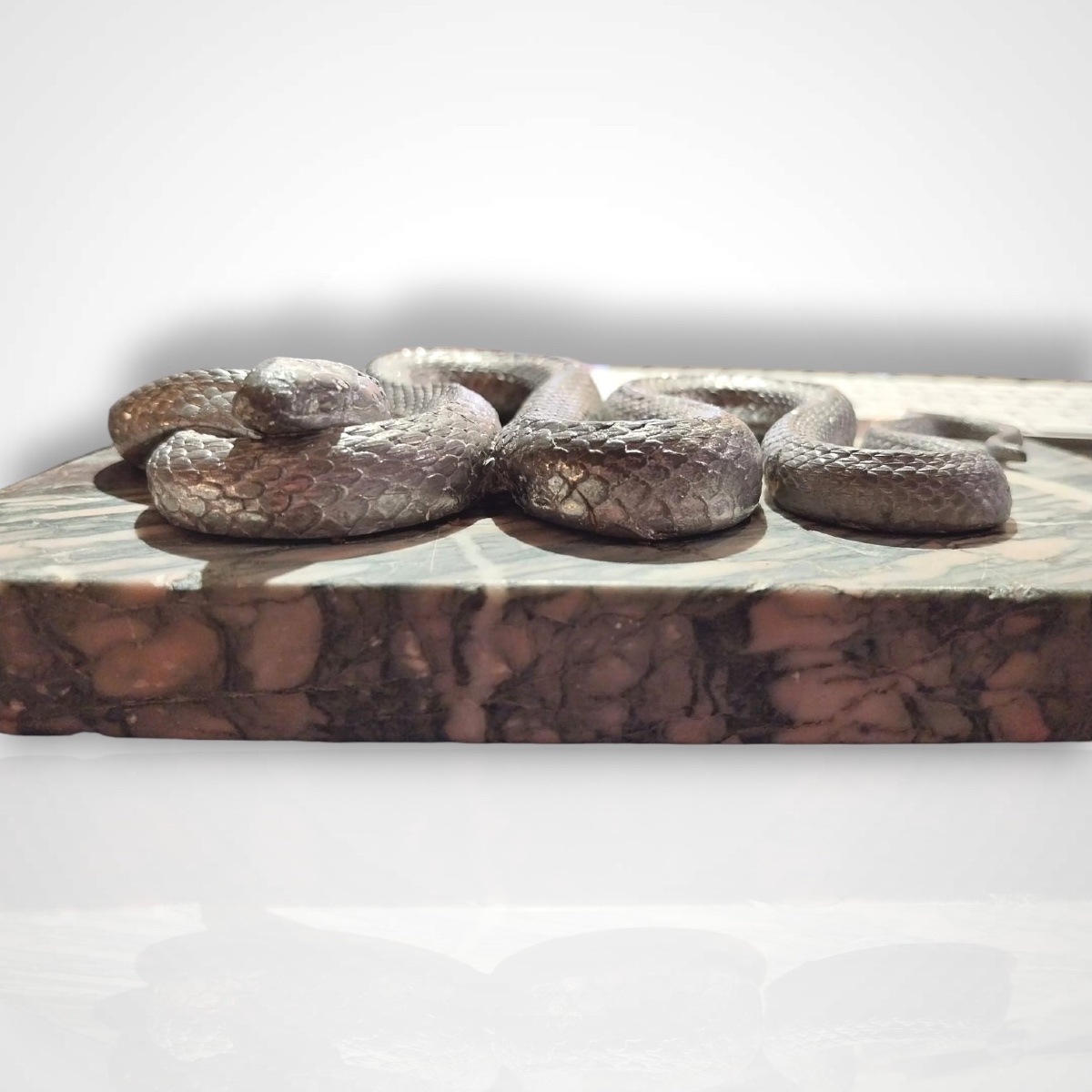 Silver-plated Snake On Marble Base, 20th Century-photo-3