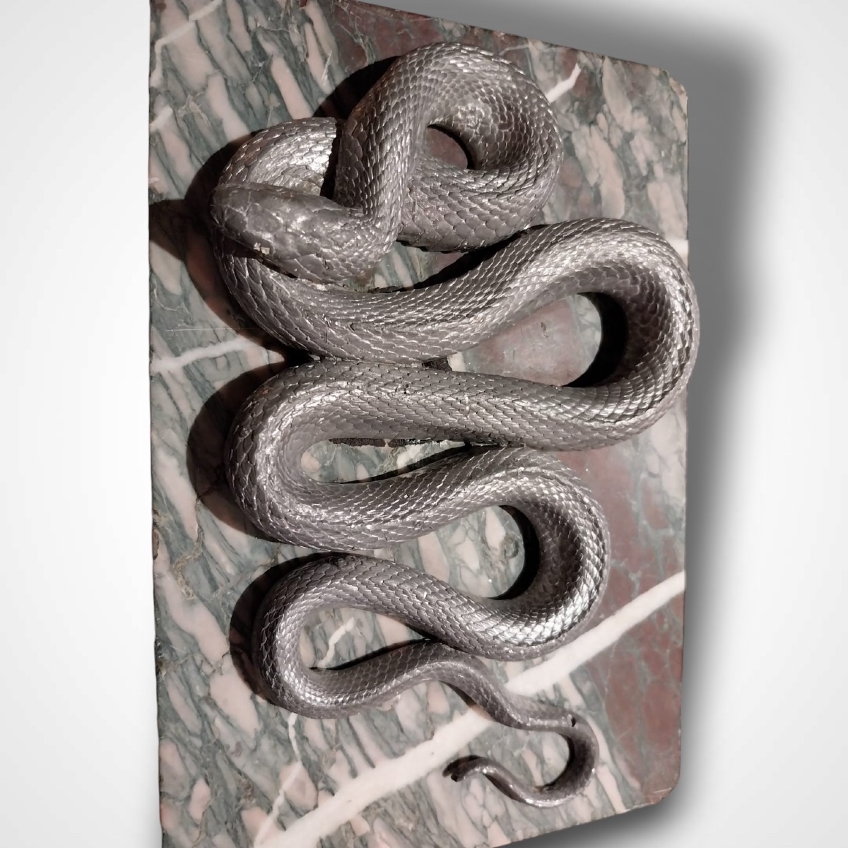 Silver-plated Snake On Marble Base, 20th Century-photo-4