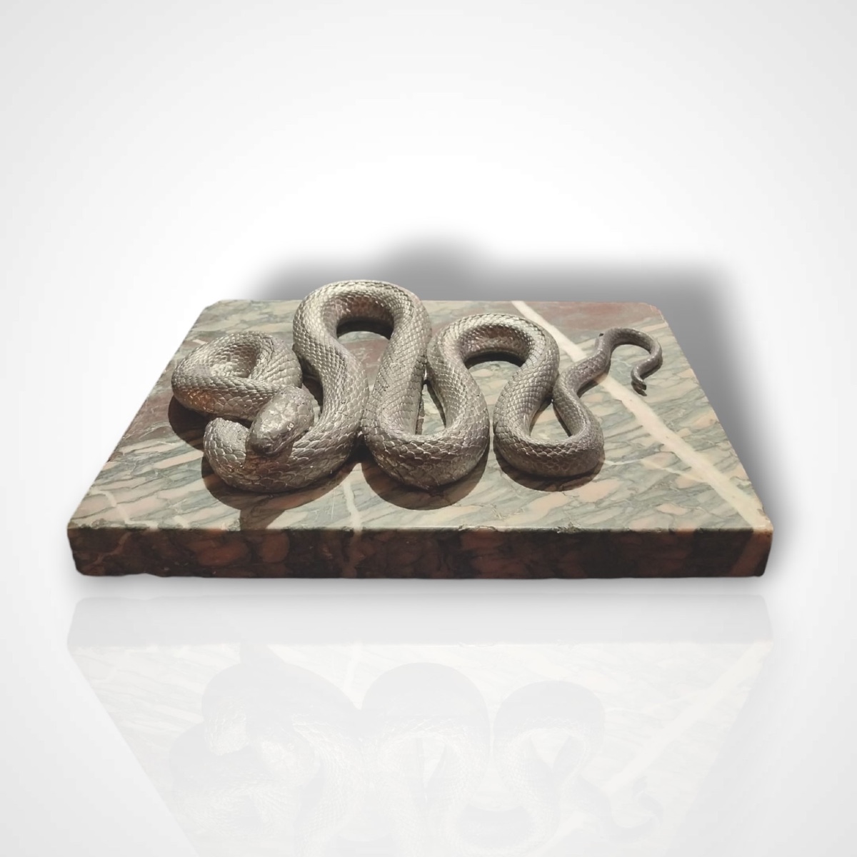 Silver-plated Snake On Marble Base, 20th Century