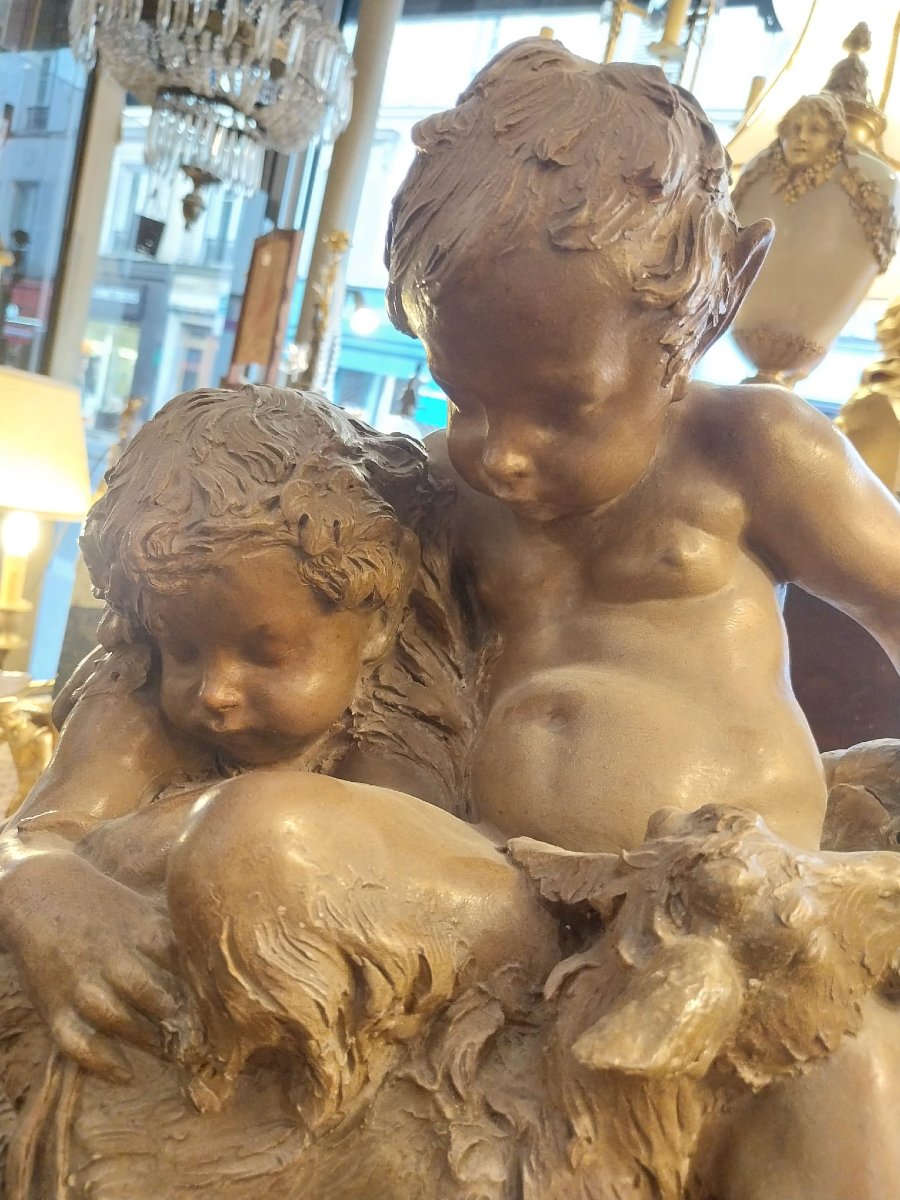Charles Théodore Perron (1862-1934), Terracotta Sculpture, Young Satyr Fauns, 19th Century-photo-3