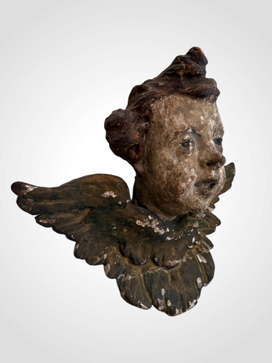 Tête d'ange, bois polychrome, 18ème -photo-3