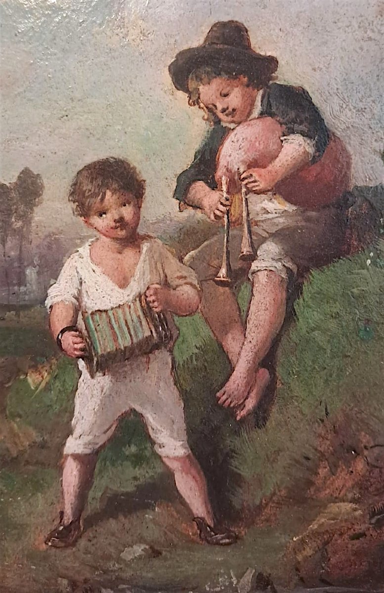 François-Louis Lanfant de Metz, enfants jouant de la musique, huile sur bois, XIXe-photo-3