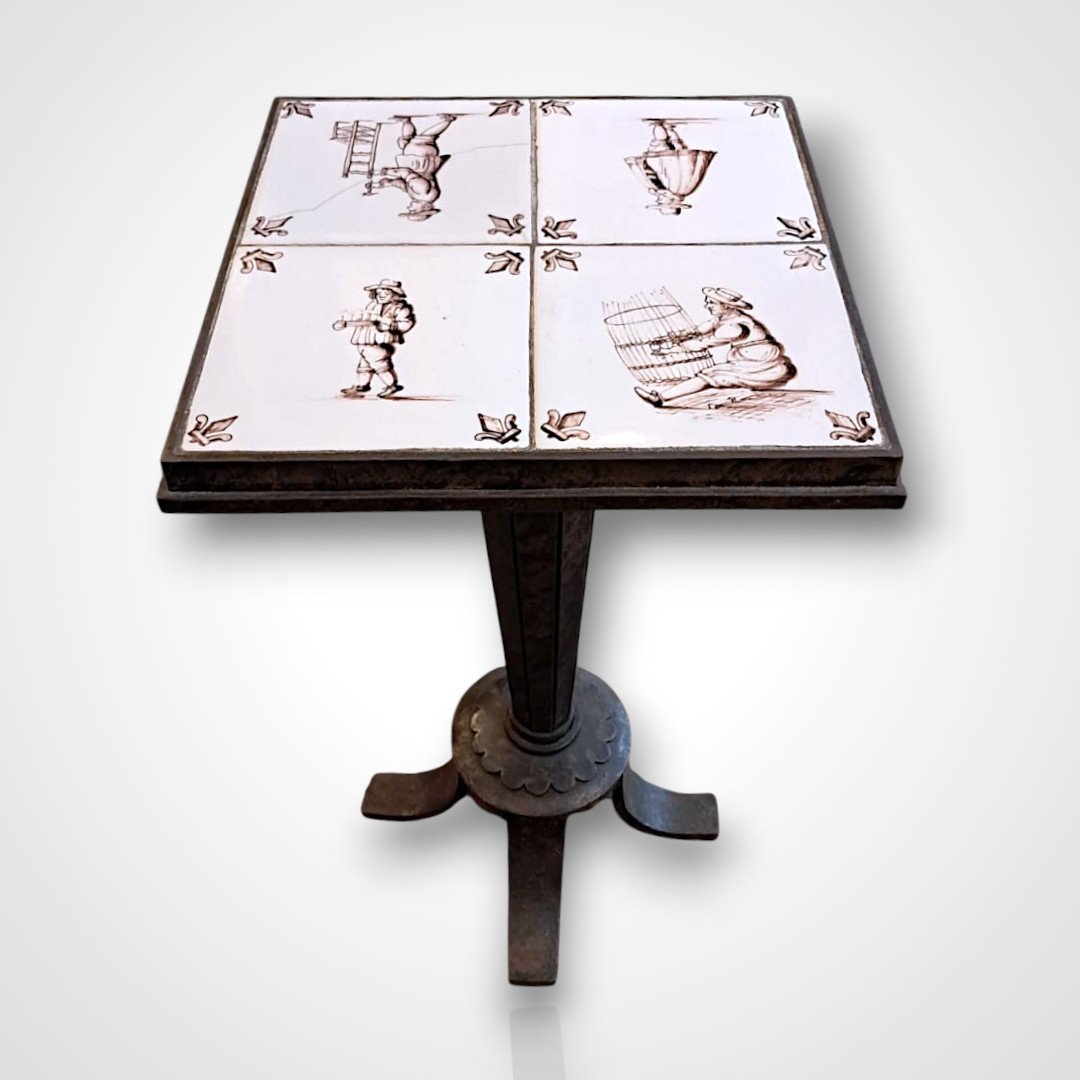 Pedestal Table In Wrought Iron And Delft Earthenware, 20th Century