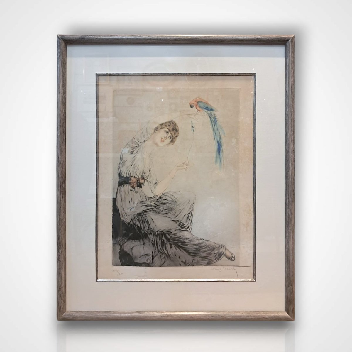 Louis Icart, Young Woman With A Parrot, Etching, 20th Century
