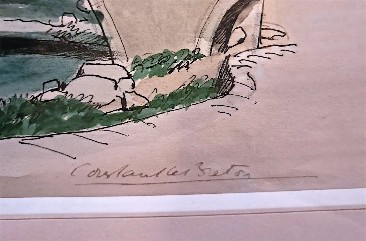 Constant Le Breton, View Of Pont De Montvert, Watercolor, 20th Century-photo-3