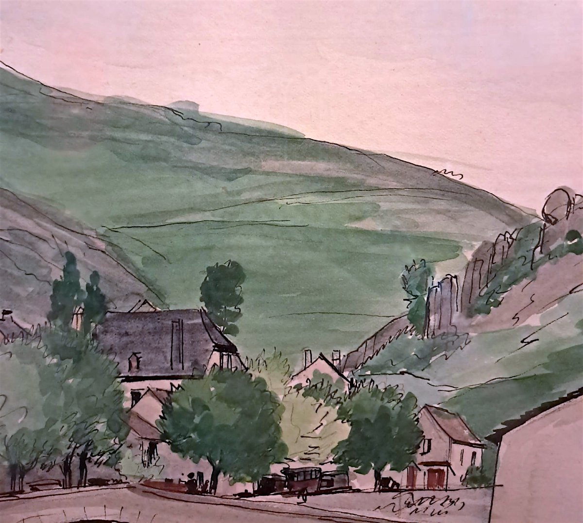 Constant Le Breton, View Of Pont De Montvert, Watercolor, 20th Century-photo-1
