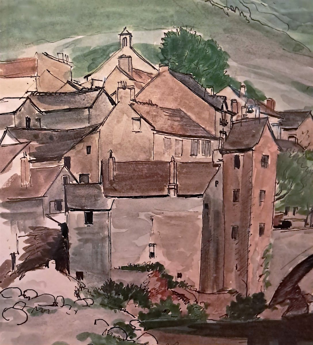 Constant Le Breton, View Of Pont De Montvert, Watercolor, 20th Century-photo-3