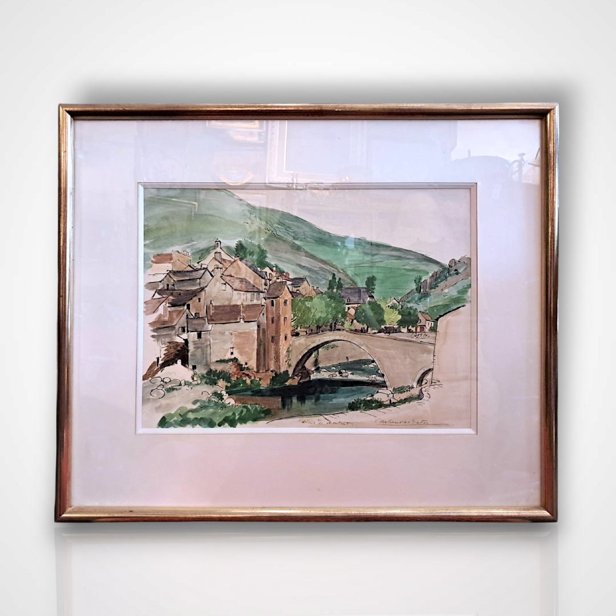 Constant Le Breton, View Of Pont De Montvert, Watercolor, 20th Century