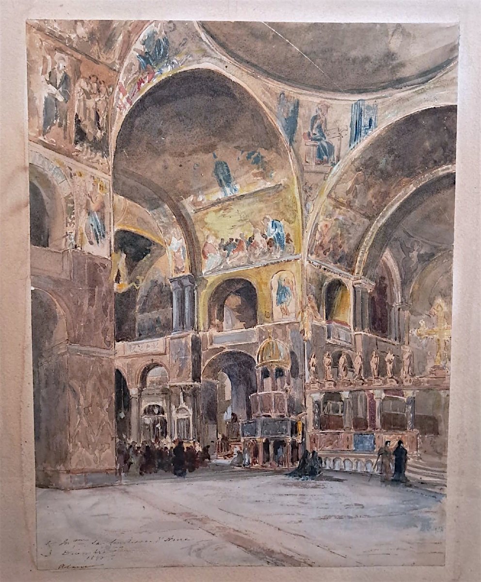 Eugène Lami, Interior Of St. Mark's Basilica In Venice, Watercolor On Paper, 1880-photo-3