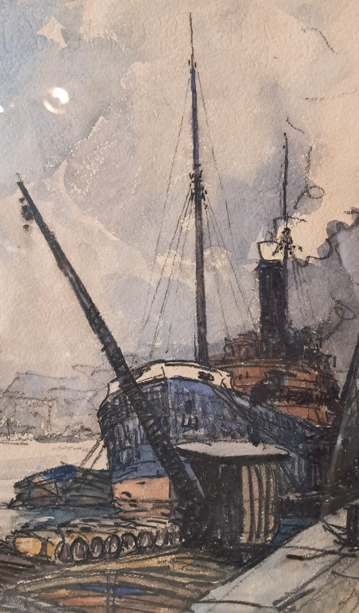 Frank-Will, vue d’un port, aquarelle, 1ère moitié du XXe-photo-4