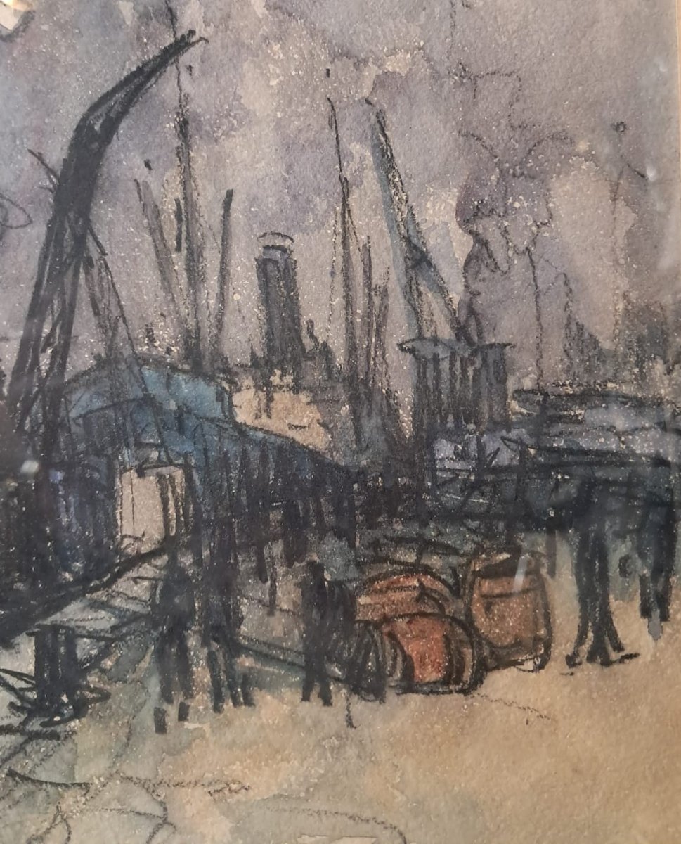 Frank-Will, vue d’un port, aquarelle, 1ère moitié du XXe-photo-1