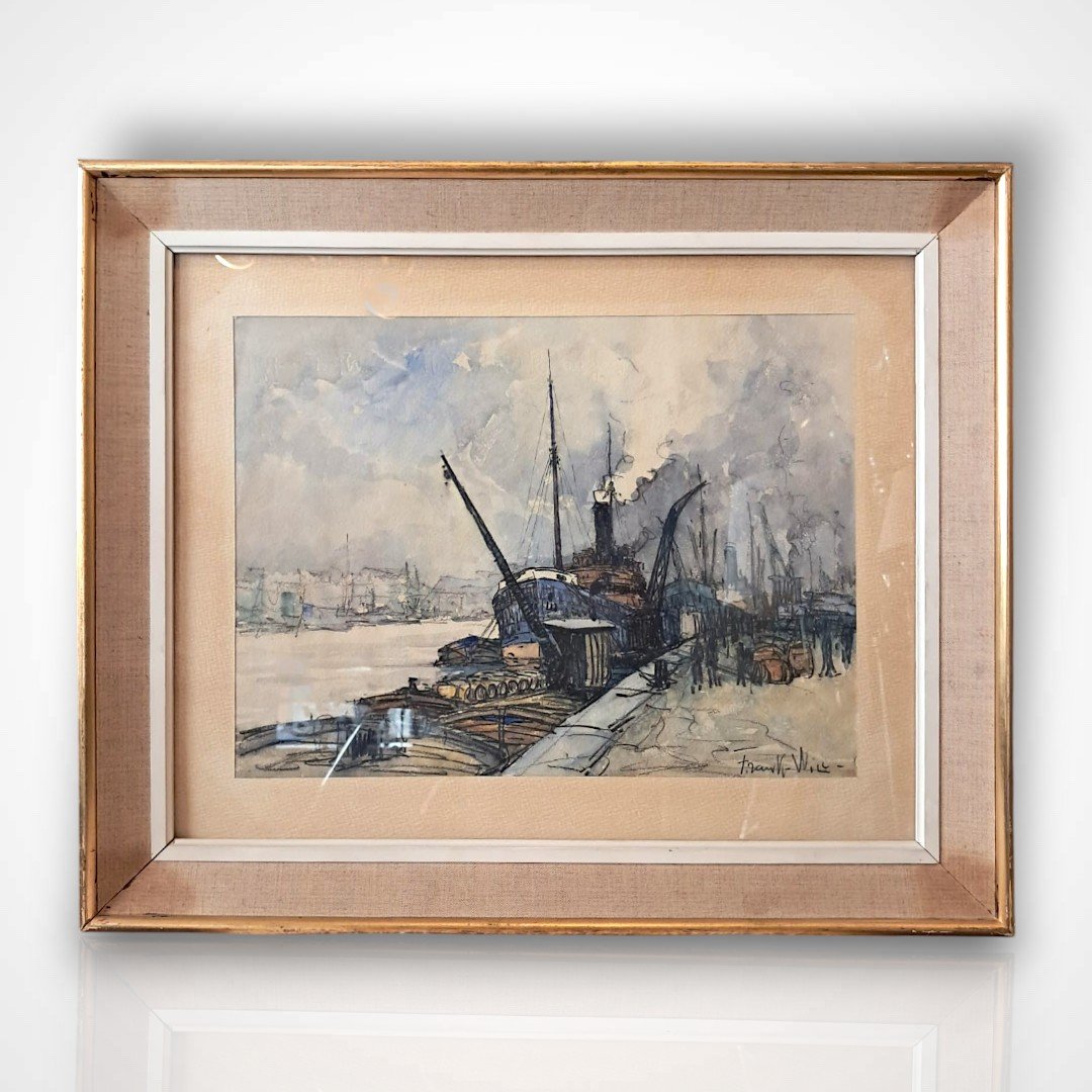 Frank-Will, vue d’un port, aquarelle, 1ère moitié du XXe