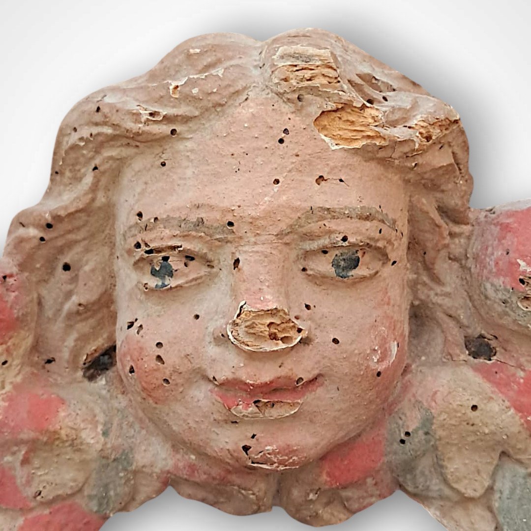 Wooden Cherub Head, 18th Century-photo-3