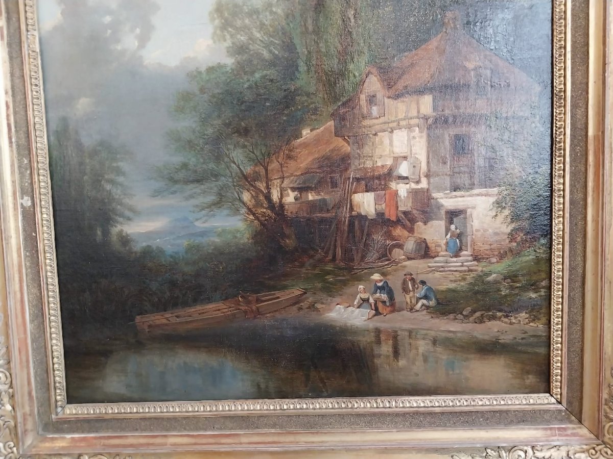 Ecole française, scène de genre champêtre, huile sur toile, XIXe-photo-4