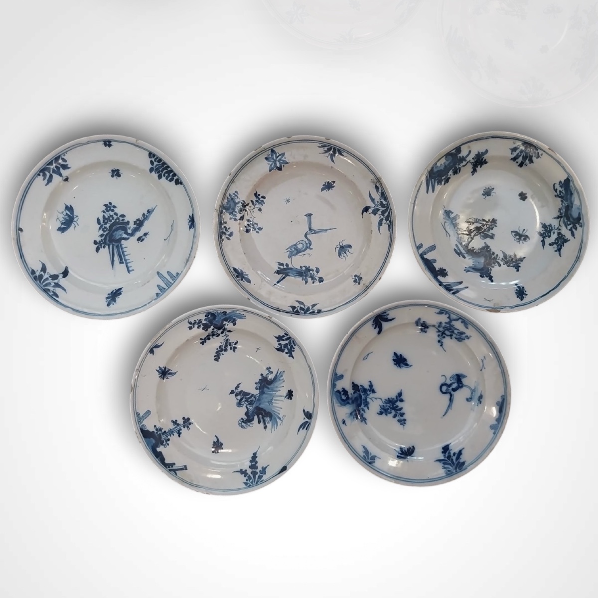 Manufacture Leroy, Set Of 5 Marseille Earthenware Plates, 18th Century.