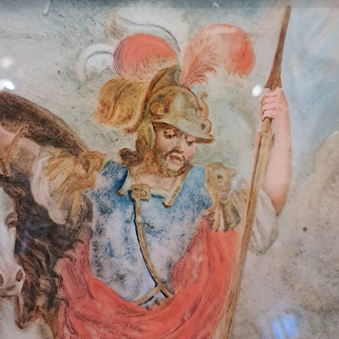 Ecole du Nord, saint Georges terrassant le dragon, fixé sous verre, XVIIe-photo-3