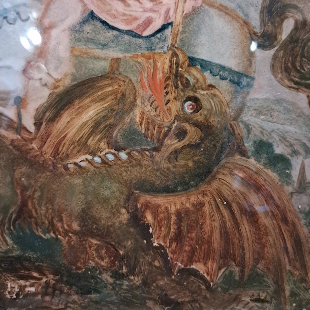 Ecole du Nord, saint Georges terrassant le dragon, fixé sous verre, XVIIe-photo-1
