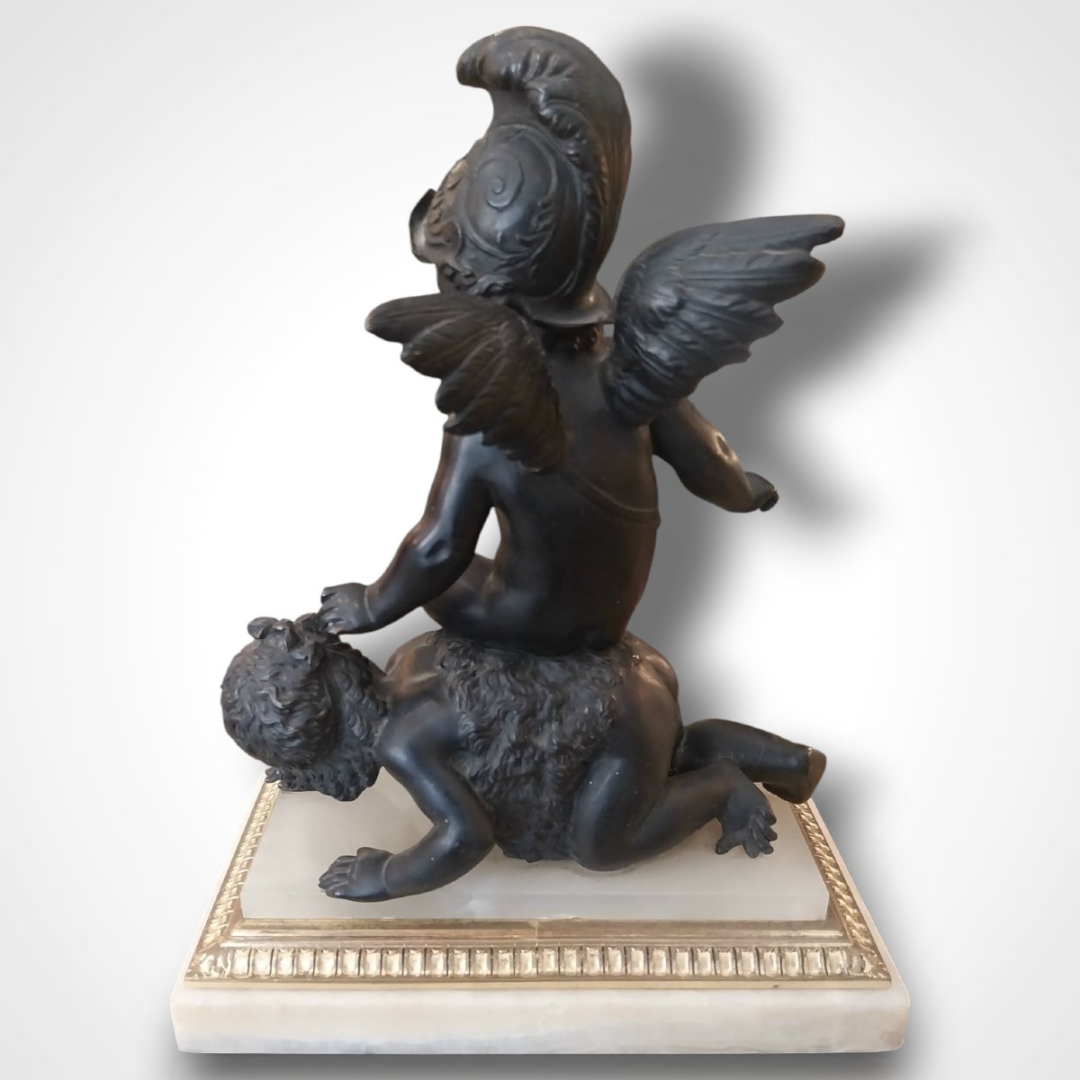 Bronze de deux putti jouant sur sa base en marbre, XIXe-photo-3