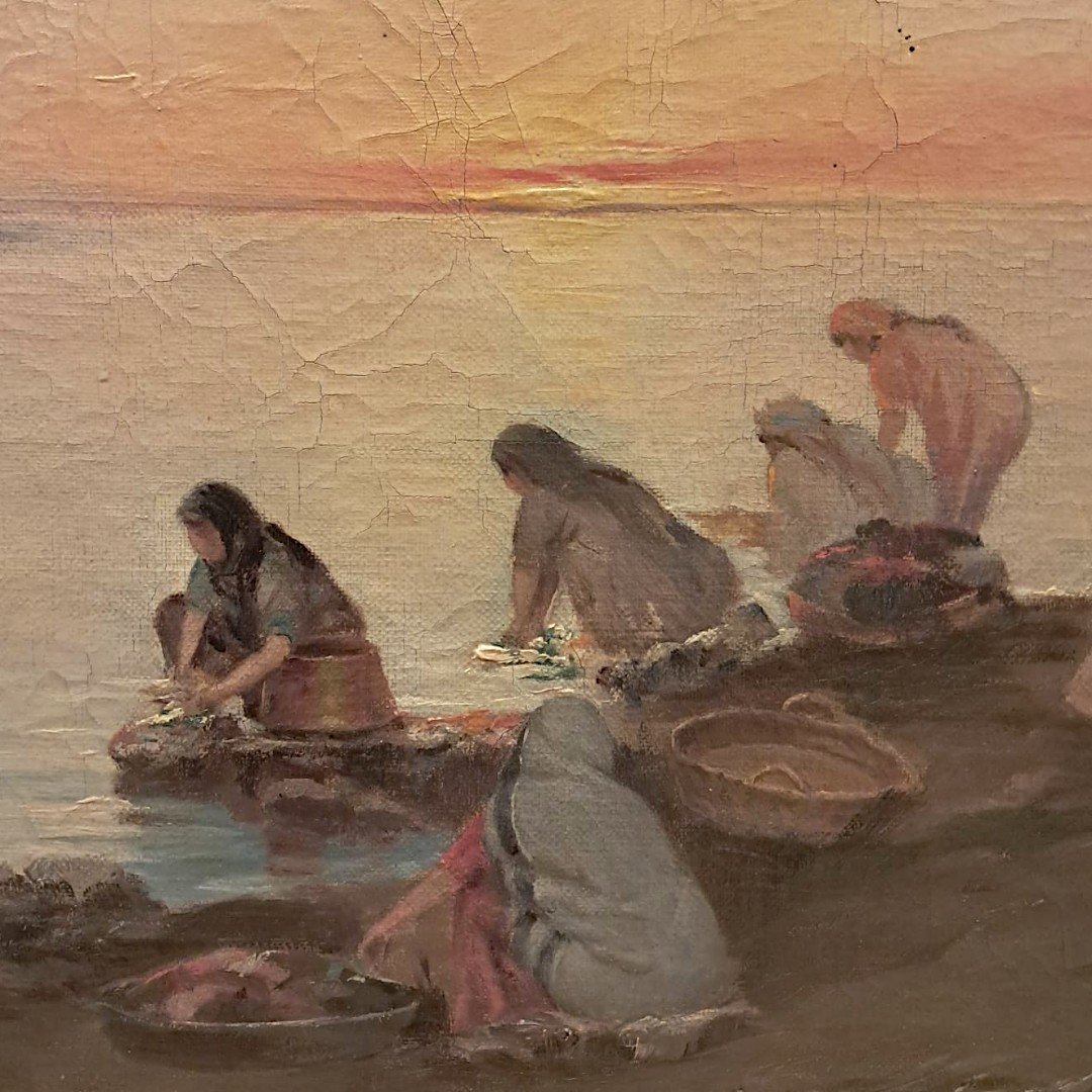 Nicola Forcella, lavandières au bord du Nil, huile sur toile, fin XIXe-début XXe-photo-1