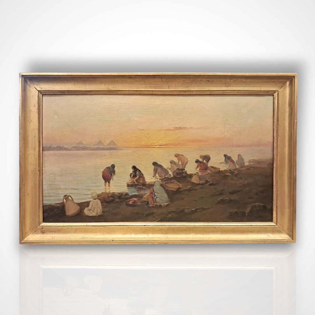 Nicola Forcella, lavandières au bord du Nil, huile sur toile, fin XIXe-début XXe