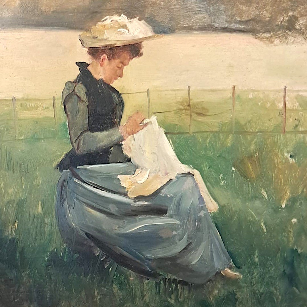 Young Woman Embroidering In A Field, Oil On Panel, Late 19th Century-photo-3