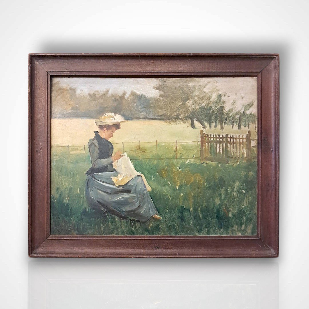 Young Woman Embroidering In A Field, Oil On Panel, Late 19th Century