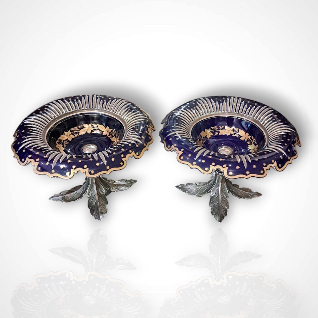 Pair Of Bohemian Crystal And Bronze Goblets, 19th Century