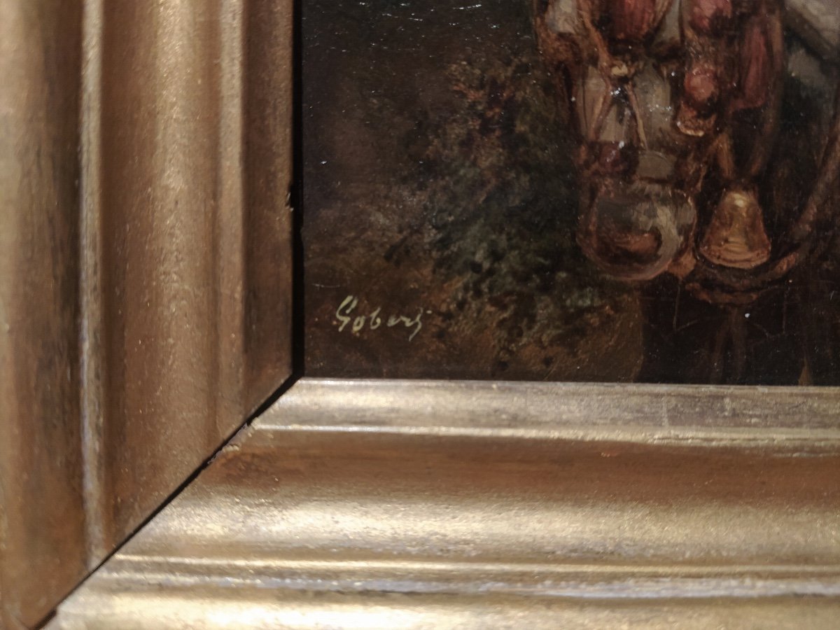Henri Toussaint Gobert, huile sur panneau, Muletier et Enfant,  XIXe-photo-2