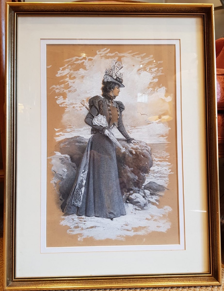 Elegant Gouache At The Seaside, Late Nineteenth-photo-2