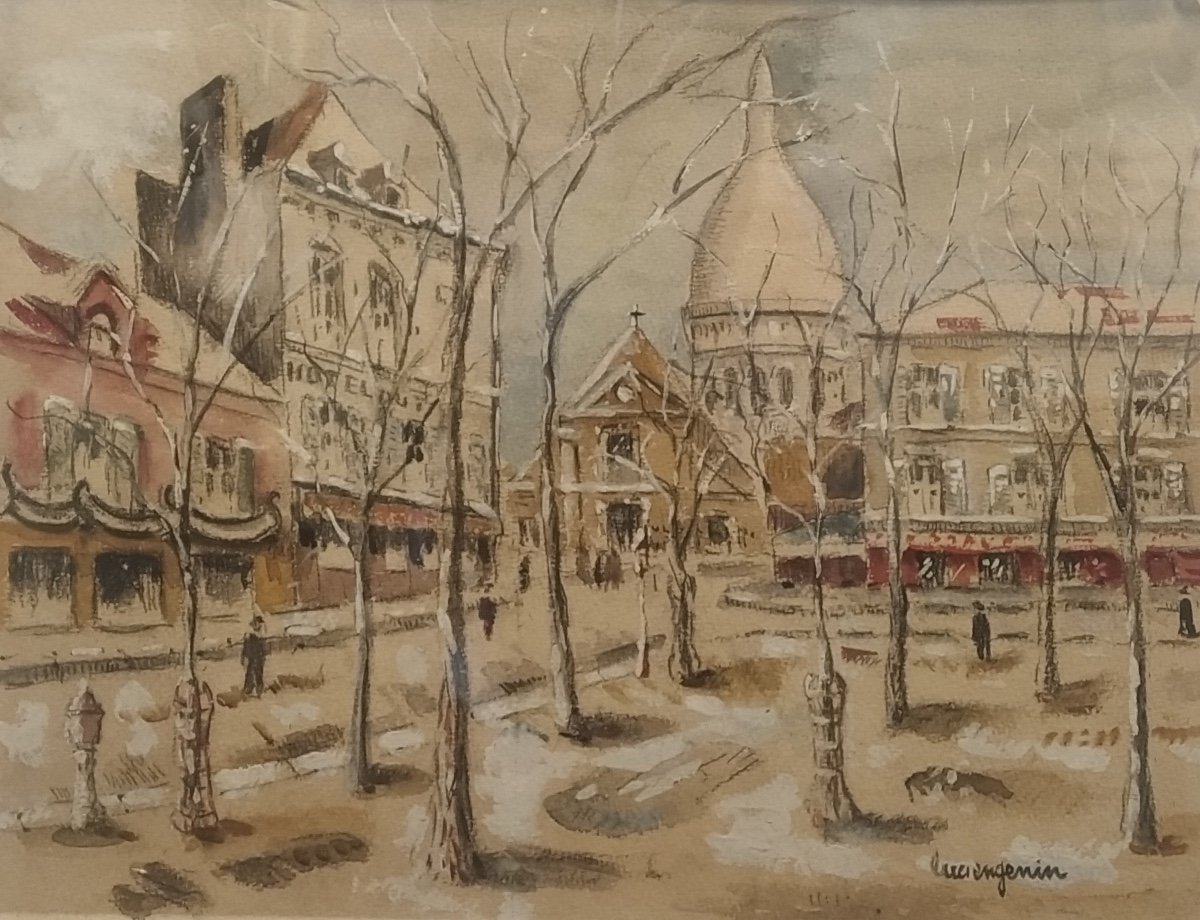 Lucien Génin, Snow-covered Place Du Terme, Gouache And Watercolor