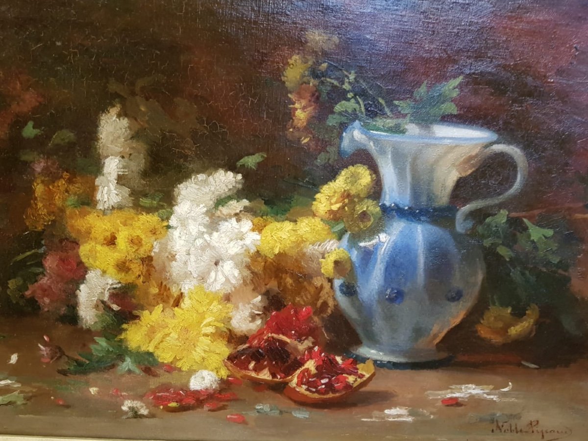 Noble-pigeaud, Still Life With Pomegranate, Bouquet Of Flowers And Pitcher In Opaline, Nineteenth.-photo-2