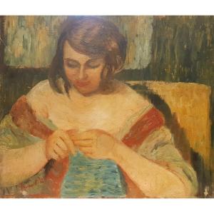 Bernard Louis Lemaire, La tricoteuse, huile sur panneau, 1932