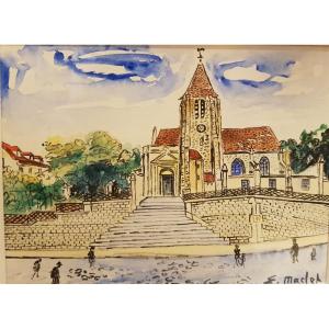 Elisée Maclet (1881-1962), Vue de l'église Saint Germain de Charonne, Aquarelle.