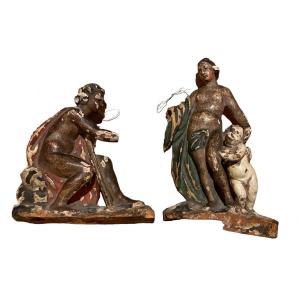 Pair Of Antique Statuettes In 18th Century Painted Wood
