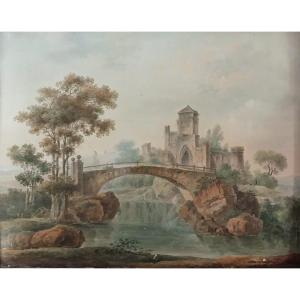 Oil On Panel, View Of A Bridge, Late 18th Century.
