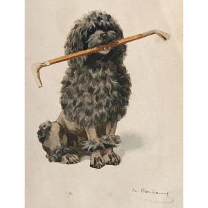 Charles Fernand De Condamy (1855-1913), Aquarelle Sur Papier, Caniche à La Canne, XIXe 