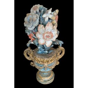 Bouquet De Fleurs En Bois Sculpt&eacute; Peint, XVIIIe