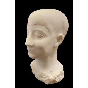 Constantin Andréou, Sculpted Head In White Marble, 20th Century