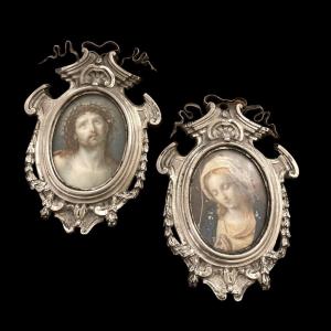 Paire De Miniatures Portraits de la Vierge Marie et du Christ, Cadres En Argent Massif, XIXe