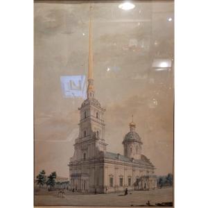 Peter And Paul Cathedral Of Saint Petersburg, Russian Drawing Early 19th Century