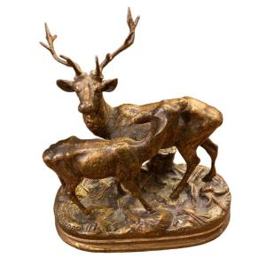 Alfred Dubucand (1828-1894), Stag And Doe In Bronze, 19th Century