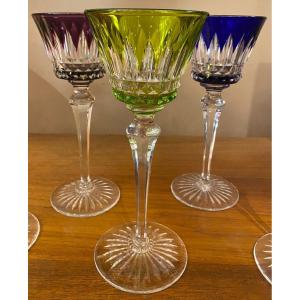 Baccarat, 3 Colored Crystal Wine Glasses, Buckingham Model, 20th Century.