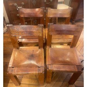 Pierre Chapo, Set Of Five “s11” Chairs  Elm And  Cognac Leather