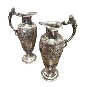 Pair Of Small Ewers In Sterling Silver, Late 19th Century