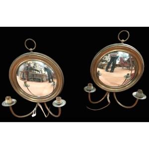 Appliques Miroirs De Sorcières En Laiton Et Bois Doré, Années 50.